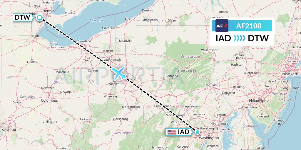 AF2100 Air France Flight Map: Washington to Detroit