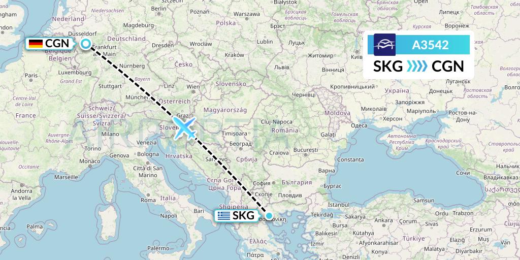 A3542 Aegean Airlines Flight Map: Thessaloniki to Cologne