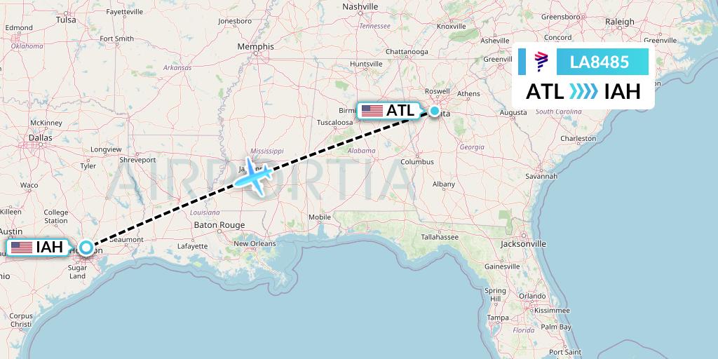 LA8485 LAN Airlines Flight Map: Atlanta to Houston