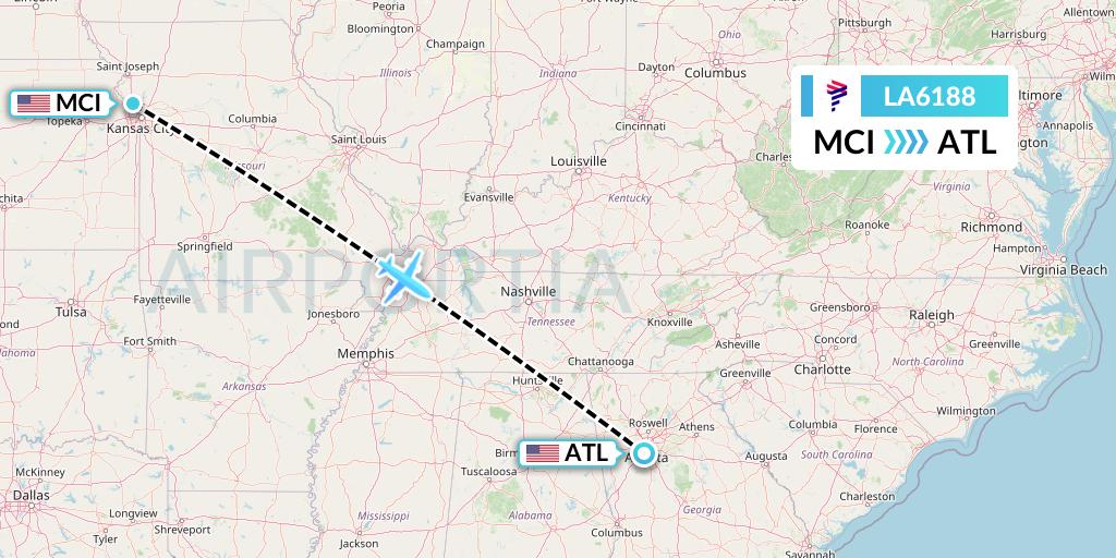 LA6188 LAN Airlines Flight Map: Kansas City to Atlanta
