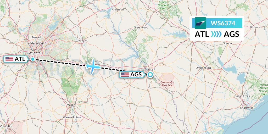 WS6374 WestJet Flight Map: Atlanta to Augusta