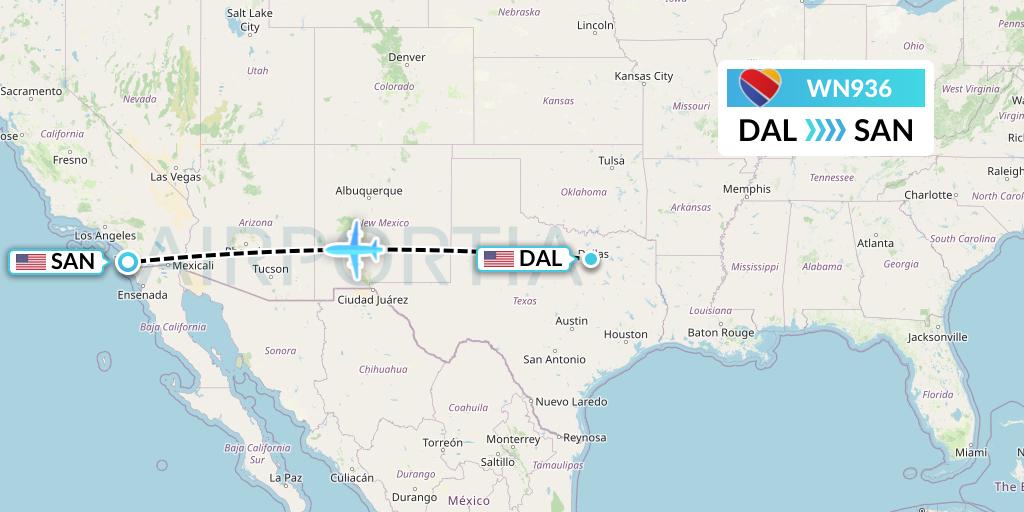 WN936 Southwest Airlines Flight Map: Dallas to San Diego