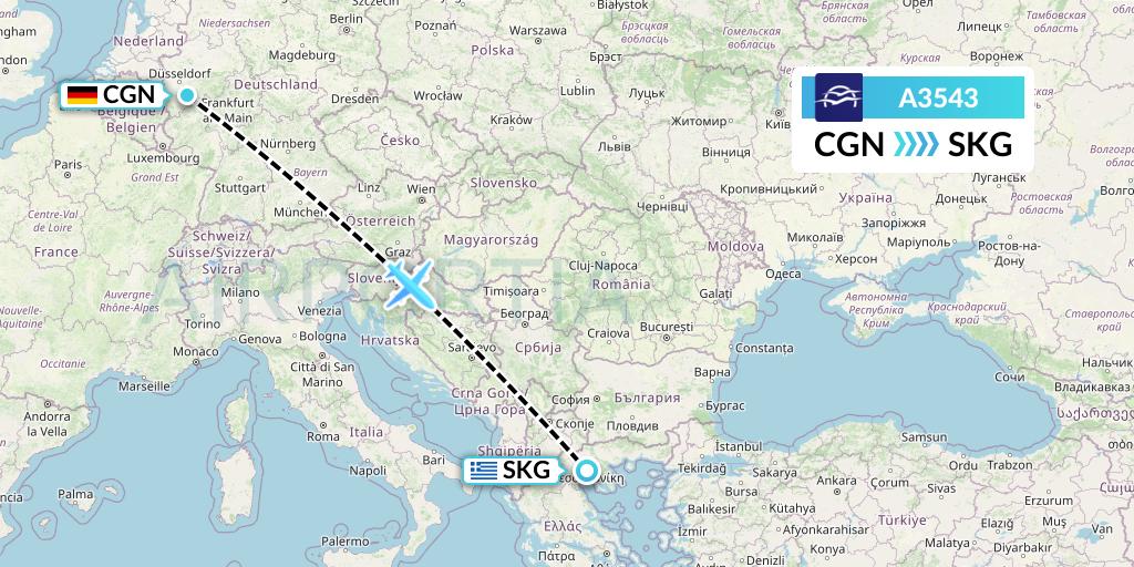 A3543 Aegean Airlines Flight Map: Cologne to Thessaloniki