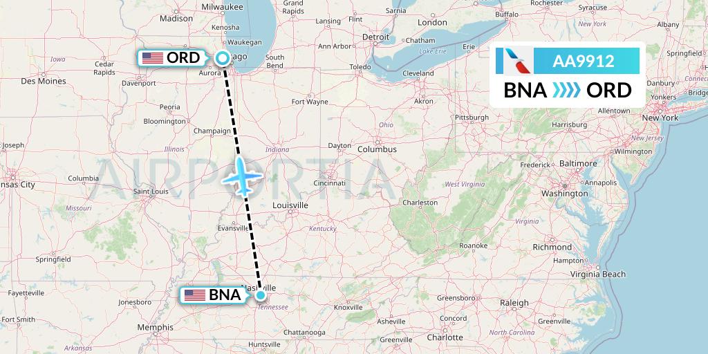 AA9912 American Airlines Flight Map: Nashville to Chicago