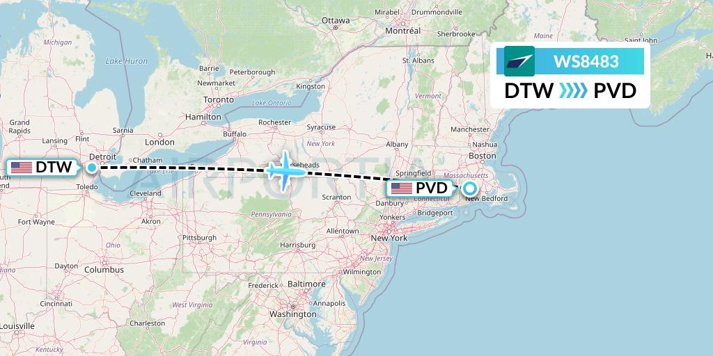 WS8483 WestJet Flight Map: Detroit to Providence