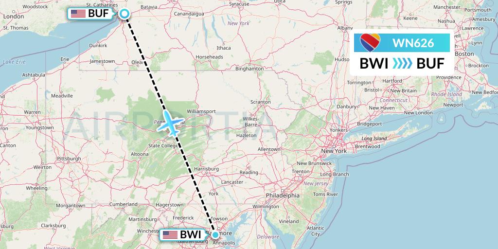 WN626 Southwest Airlines Flight Map: Baltimore to Buffalo