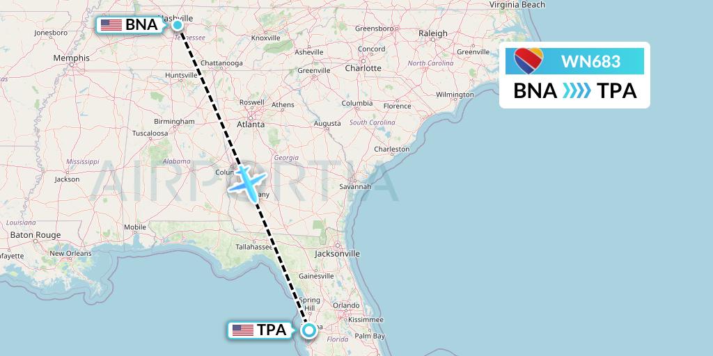 WN683 Southwest Airlines Flight Map: Nashville to Tampa
