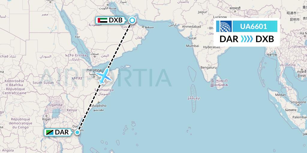 UA6601 United Airlines Flight Map: Dar-es-Salaam to Dubai