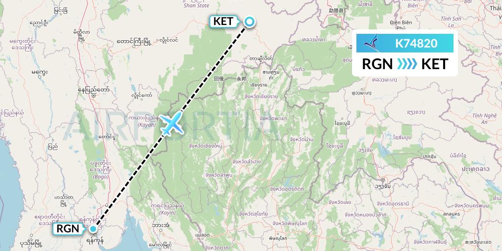 K74820 Air KBZ Flight Map: Yangon to Kengtung