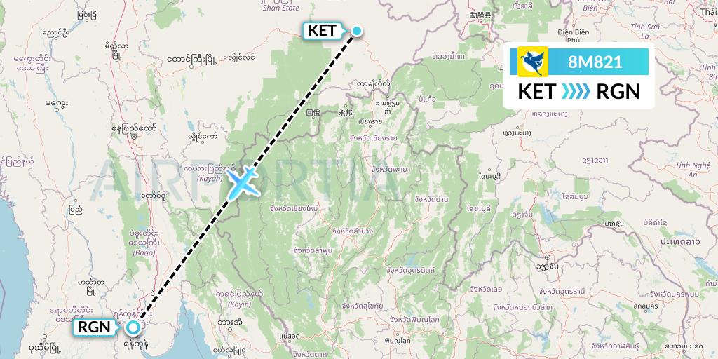 8M821 Myanmar Airways International Flight Map: Kengtung to Yangon