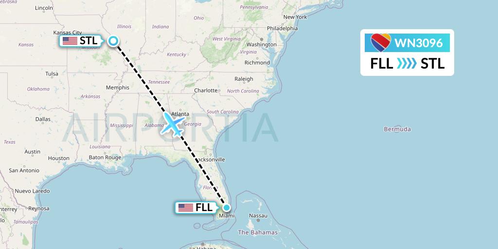 WN3096 Southwest Airlines Flight Map: Fort Lauderdale to St. Louis