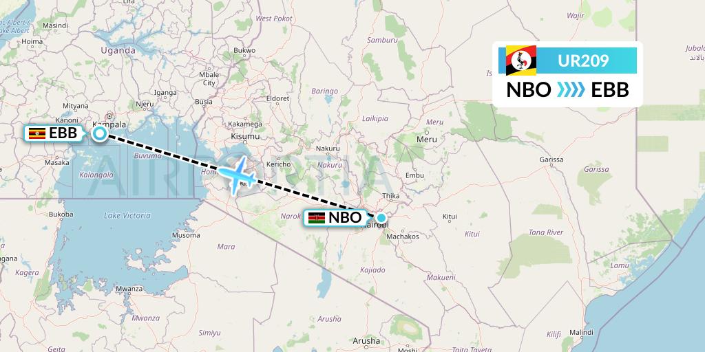 UR209 Uganda Airlines Flight Map: Nairobi to Entebbe