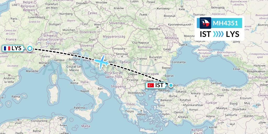 MH4351 Malaysia Airlines Flight Map: Istanbul to Lyon
