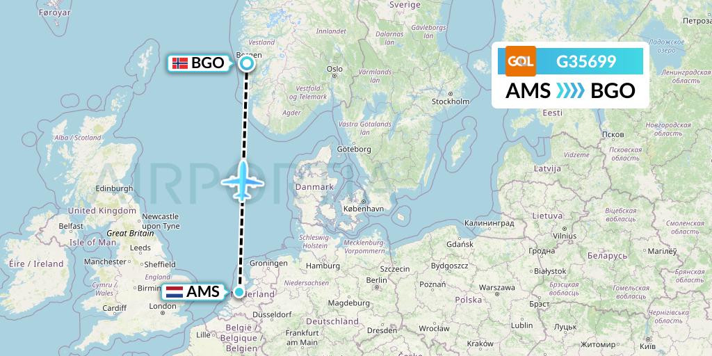 G35699 GOL Transportes Aeros Flight Map: Amsterdam to Bergen