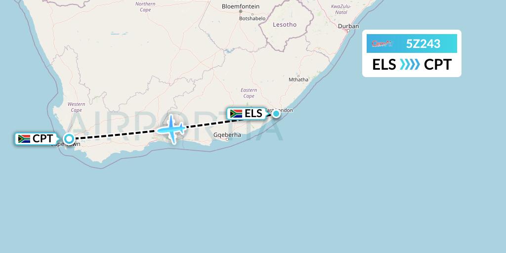 5Z243 CemAir Flight Map: East London to Cape Town