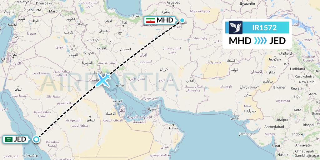 IR1572 Iran Air Flight Map: Mashhad to Jeddah