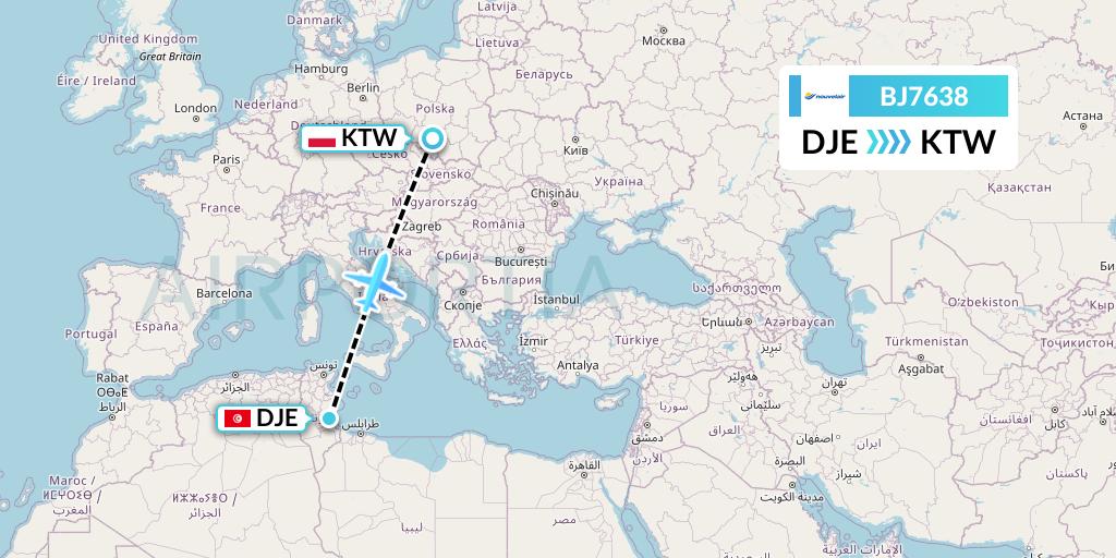 BJ7638 Nouvelair Tunisie Flight Map: Djerba to Katowice