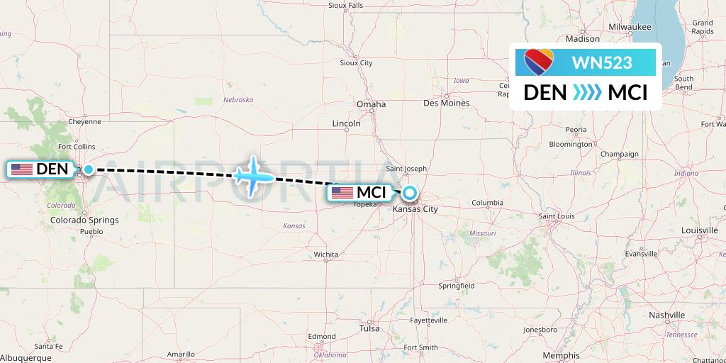 WN523 Southwest Airlines Flight Map: Denver to Kansas City