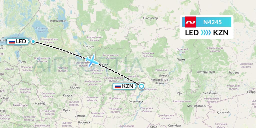 N4245 Nordwind Airlines Flight Map: St. Petersburg to Kazan