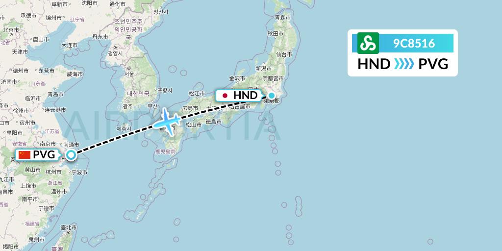 9C8516 Spring Airlines Flight Map: Tokyo to Shanghai