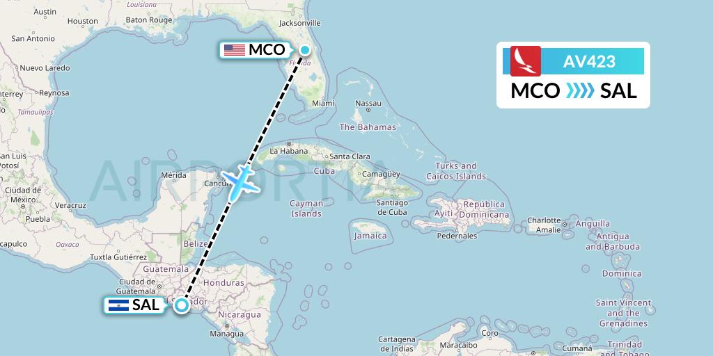 AV423 Avianca Flight Map: Orlando to San Salvador