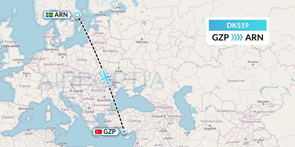 DK519 Thomas Cook Airlines Scandinavia Flight Map: Gazipasa to Stockholm