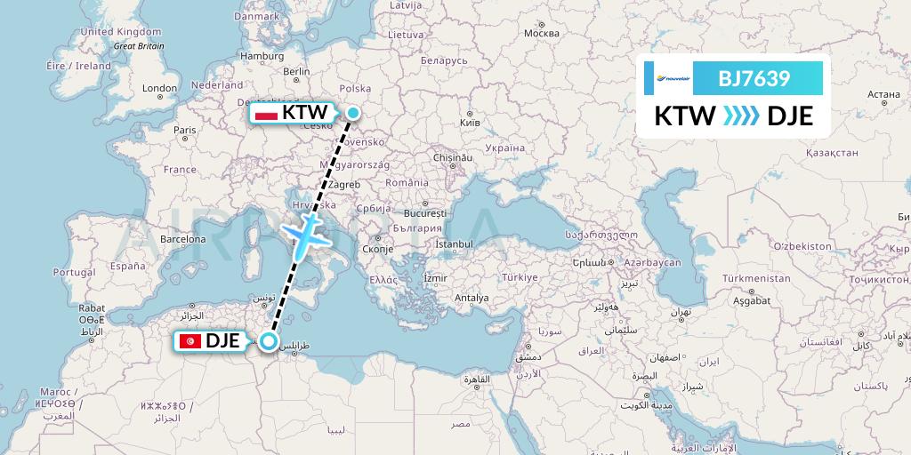 BJ7639 Nouvelair Tunisie Flight Map: Katowice to Djerba