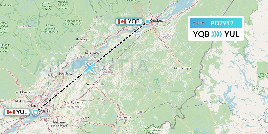 PD7917 Porter Airlines Flight Map: Quebec to Montreal