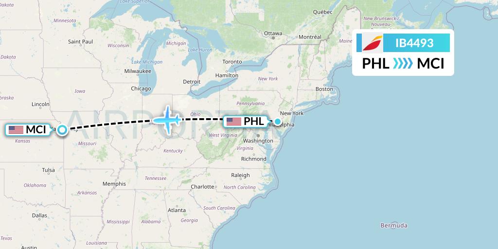IB4493 Iberia Flight Map: Philadelphia to Kansas City