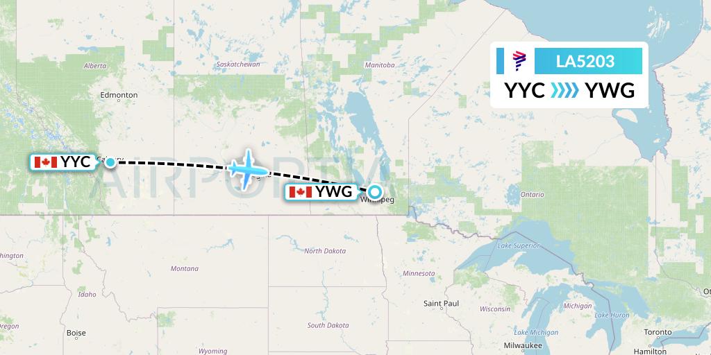 LA5203 LAN Airlines Flight Map: Calgary to Winnipeg