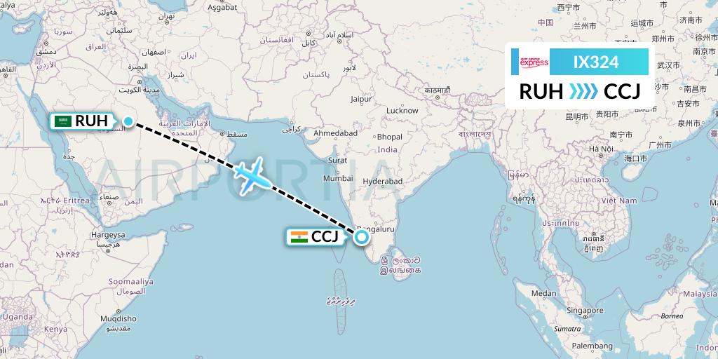 IX324 Air India Express Flight Map: Riyadh to Kozhikode