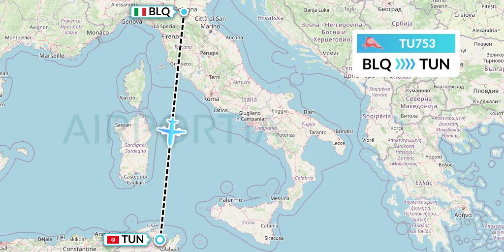 TU753 Tunisair Flight Map: Bologna to Tunis