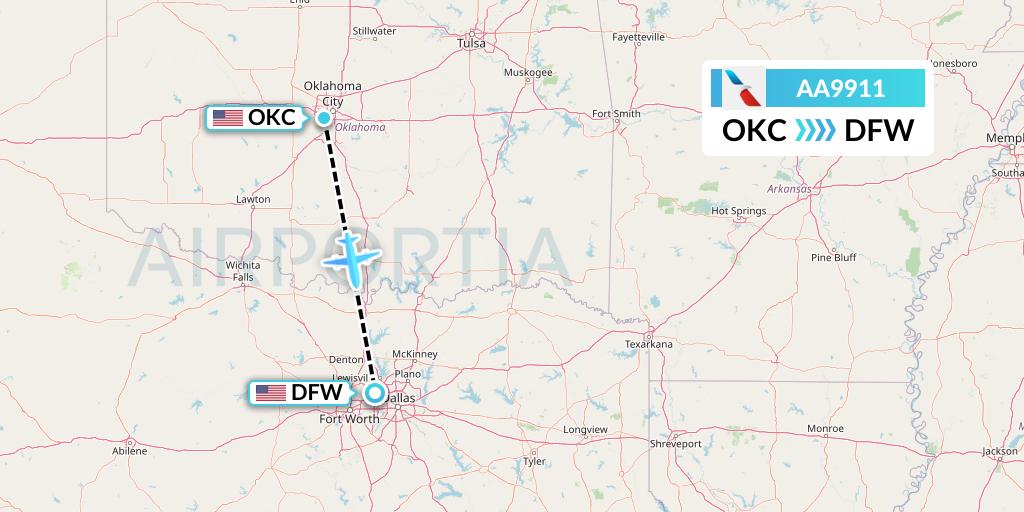AA9911 American Airlines Flight Map: Oklahoma City to Dallas