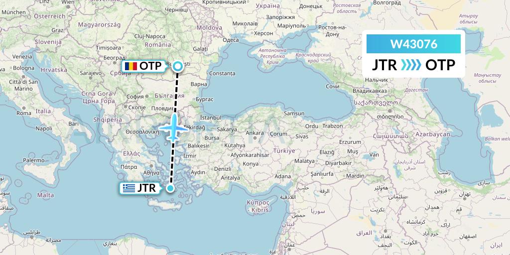 W43076 Wizz Air Malta Flight Map: Santorini to Bucharest