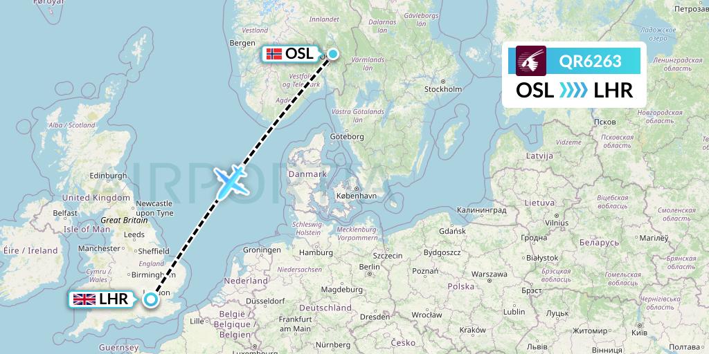 QR6263 Qatar Airways Flight Map: Oslo to London