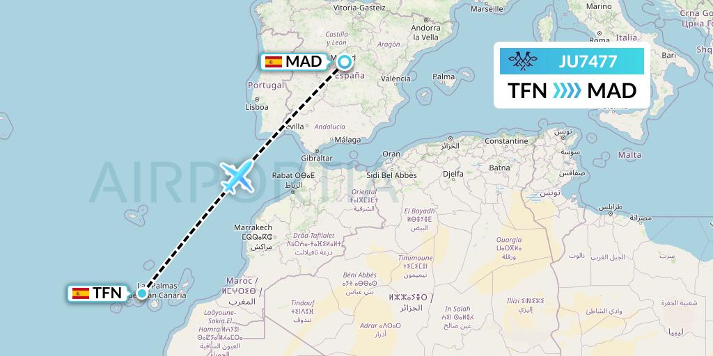 JU7477 AirSERBIA Flight Map: Tenerife to Madrid