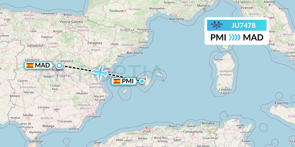 JU7478 AirSERBIA Flight Map: Palma de Mallorca to Madrid