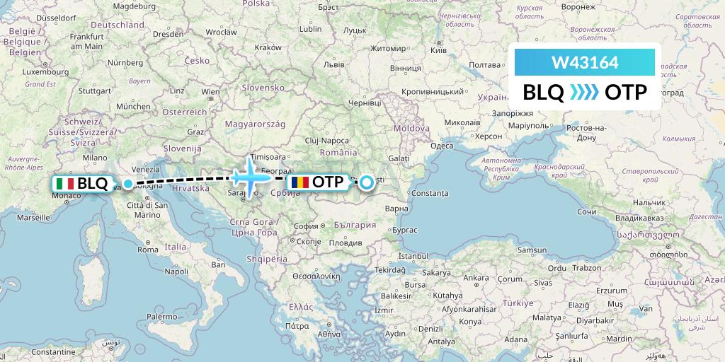 W43164 Wizz Air Malta Flight Map: Bologna to Bucharest