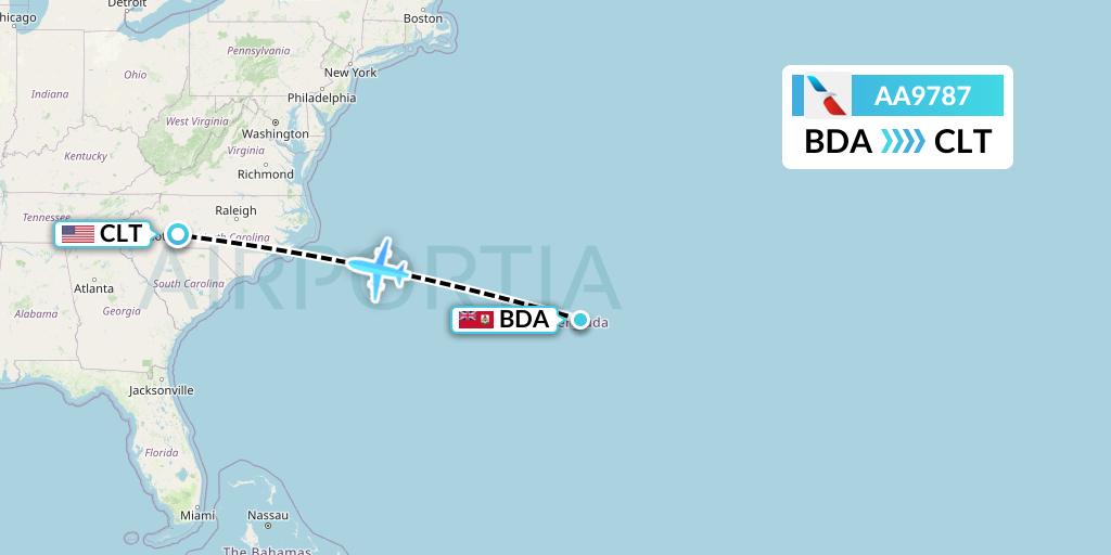 AA9787 American Airlines Flight Map: Bermuda to Charlotte
