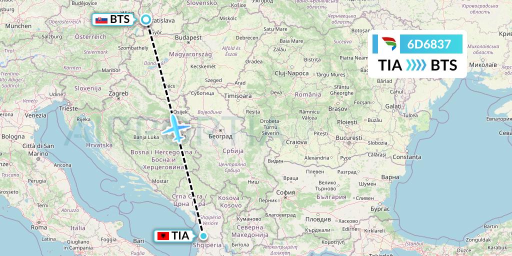 6D6837 Travel Service Slovakia Flight Map: Tirana to Bratislava