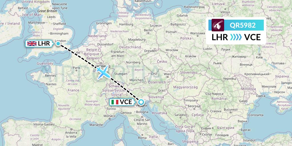 QR5982 Qatar Airways Flight Map: London to Venice