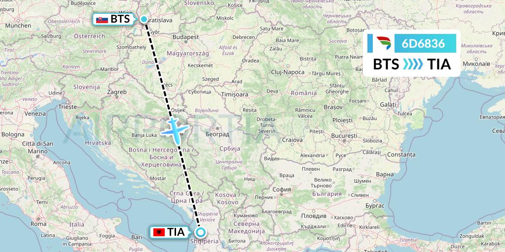 6D6836 Travel Service Slovakia Flight Map: Bratislava to Tirana