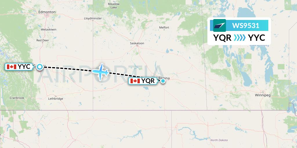 WS9531 WestJet Flight Map: Regina to Calgary