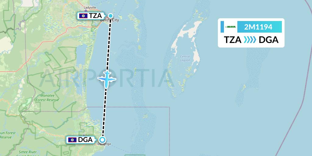 2M1194 Maya Island Air Flight Map: Belize City to Dangriga