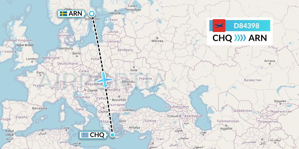 D84398 Norwegian Air International Flight Map: Chania to Stockholm