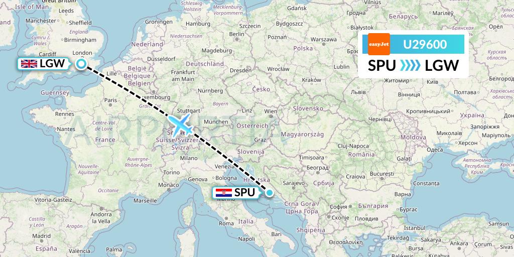 U29600 EasyJet Flight Map: Split to London