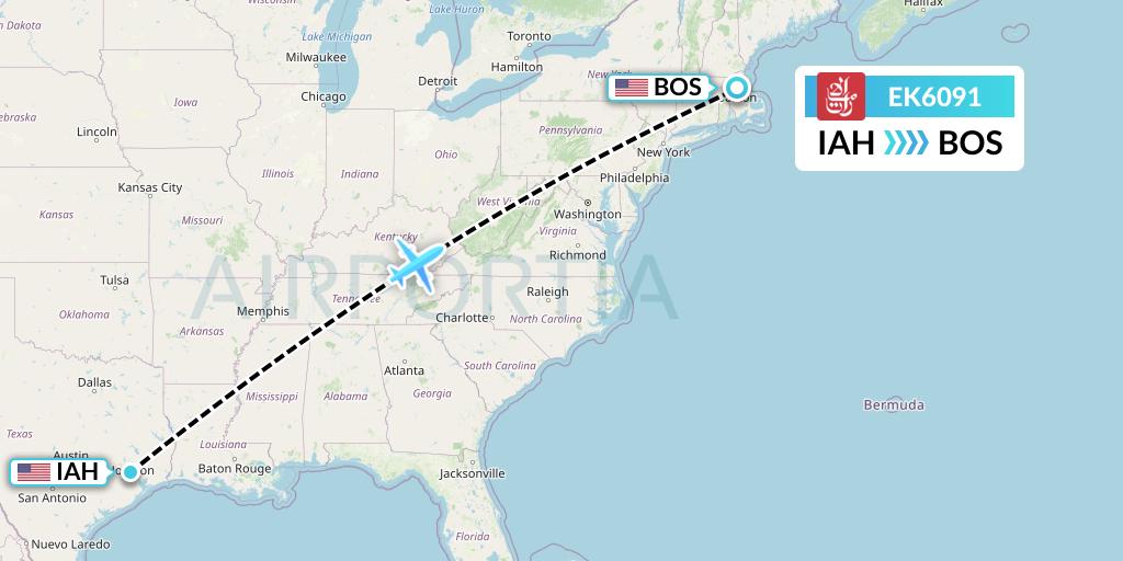 EK6091 Emirates Flight Map: Houston to Boston