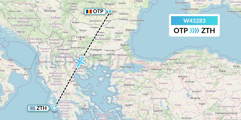W43283 Wizz Air Malta Flight Map: Bucharest to Zakynthos