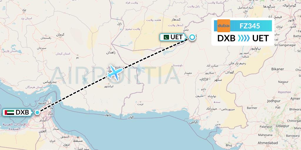 FZ345 FlyDubai Flight Map: Dubai to Quetta