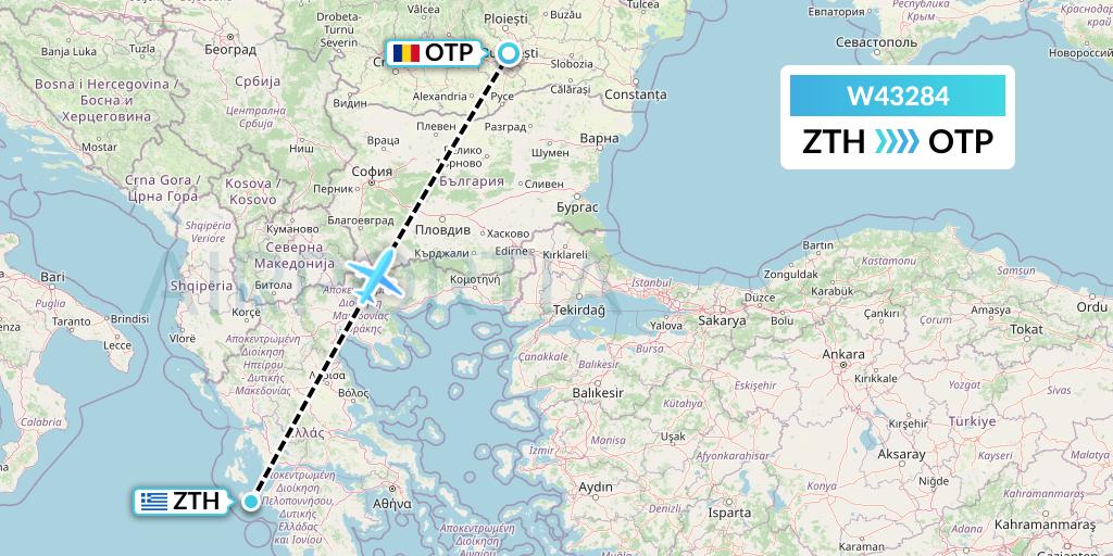 W43284 Wizz Air Malta Flight Map: Zakynthos to Bucharest